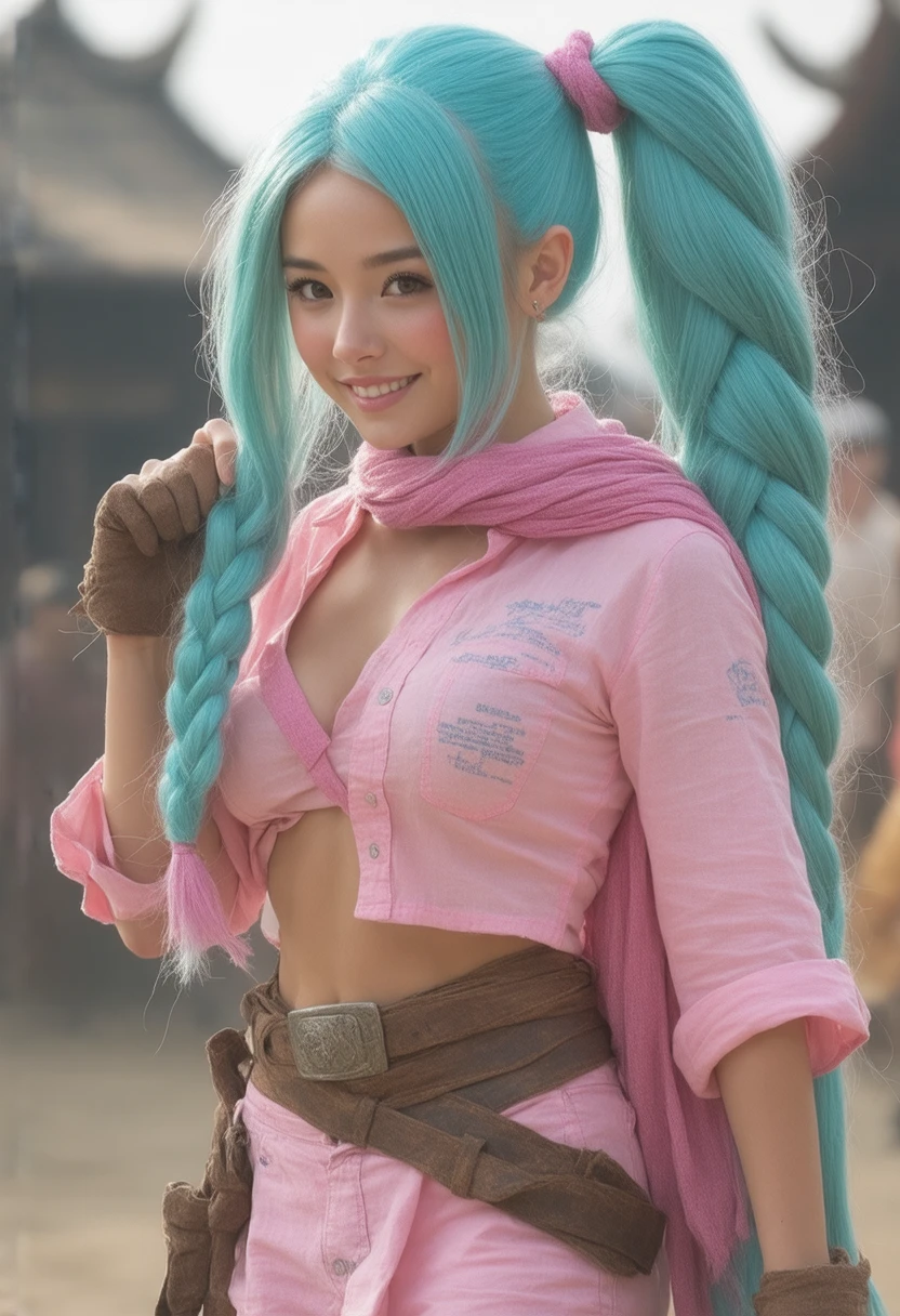 (masterpiece, best quality:1.4), (full body:1.5), (dynamic pose:1.2), (sitting:1.5), (wide open legs:1.5) 1girl, solo, looking at viewer, beautifull smile, big smile, (european youth:1), dragon ball, blmpony, (aqua hair:1), hair ribbon, braided ponytail, pink shirt, belt, scarf, pink skirt, clothes writing, brown gloves, medium breasts, solo, beautiful face, highly detailed face, highly detailed skin, highly detailed eyes, skin pores, subsurface scattering, realistic pupils, medium breast, full face blush, full lips, detailed background, depth of field, volumetric lighting, sharp focus, absurdres, realistic proportions, good anatomy, (realistic, hyperrealistic:1.4), 16k hdr,