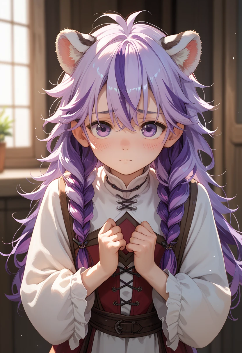 ((masterpiece)), anime lighting, 1boy, solo, long hair, purple hair, multicolored hair, purple eyes, cute, shy, blush, young, very young, white tiger ears, white tiger tail, medieval clothes, front view, messy hair.