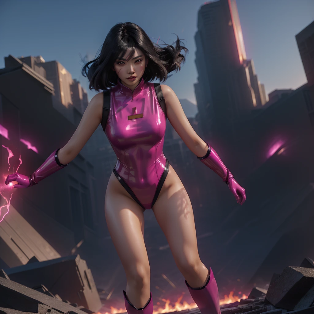 An asian female superhero with medium length black hair wearing a fuchsia latex costume in a fiery distopic apocalyptic landscape. Action pose. ultra realistic. cinematic scene