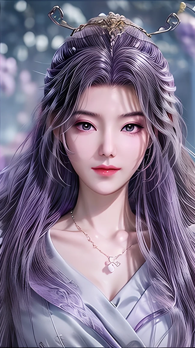 Beautiful,  White Asian Women , K-pop Aidou , Long full white wavy curls ,  Amber Eyes ,  Lavender Dress , Saggy Crescent Eyes , White eyelashes,  heart-shaped amethyst necklace and cut amethyst earrings, Small face,  Pink Careful Lips . pale.  actual 