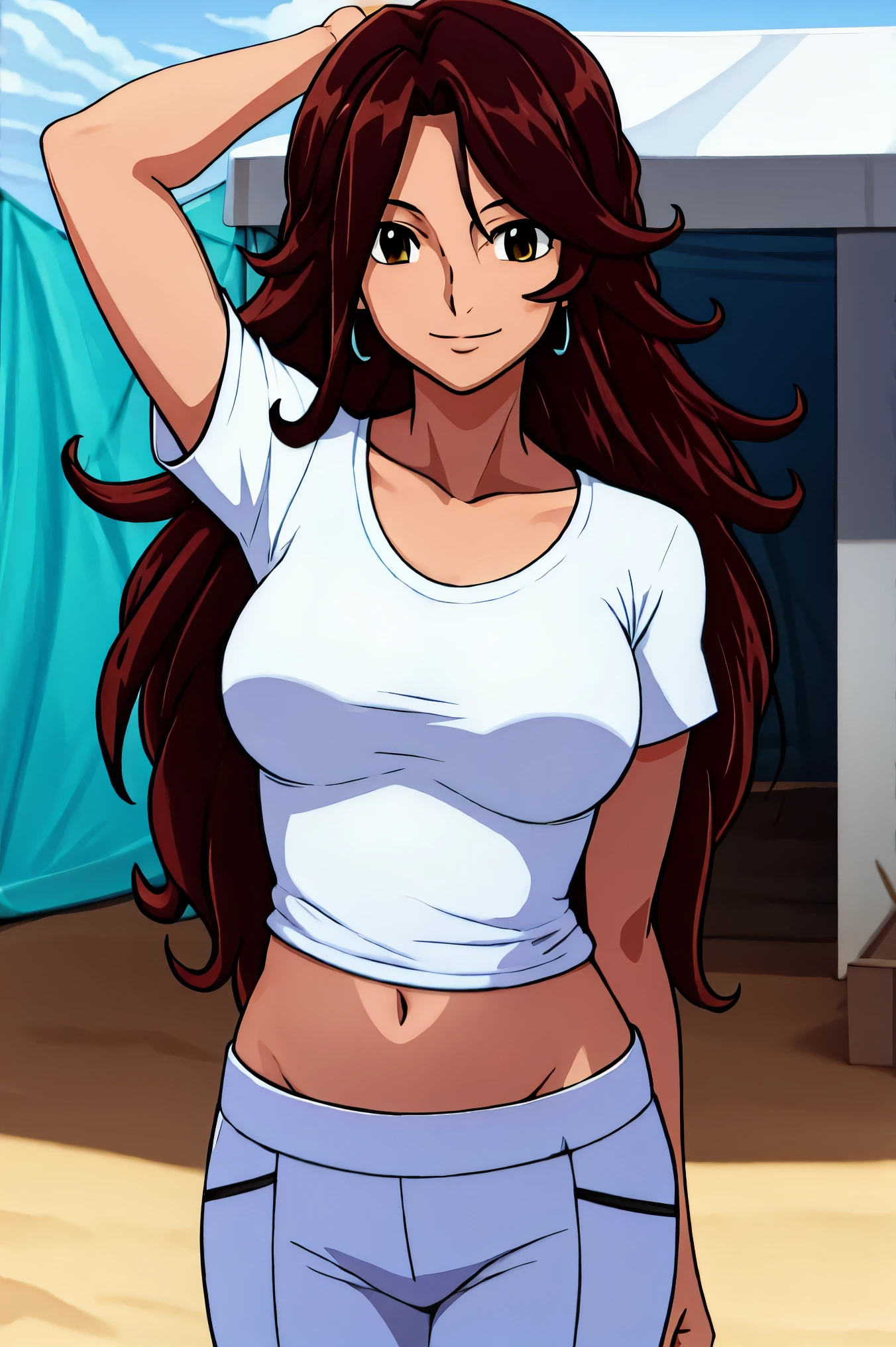 Selfie shot, detailed face, upper body view, detailed body, 4k, Sumergai Lee Noriega, best quality, anime style, hires, highest definition, digital blending, bold drawing lines, ((), (slender body), mature woman, (female wrestler, white tanktop), cheerful, gorgeous, smile, (closed mouth), (pale skin, shiny skin, lighting and shadow), (cleavage), (clean face), (warming up), closed fists, (brown hair, curly hair, long hair), 27 years old, sexy
