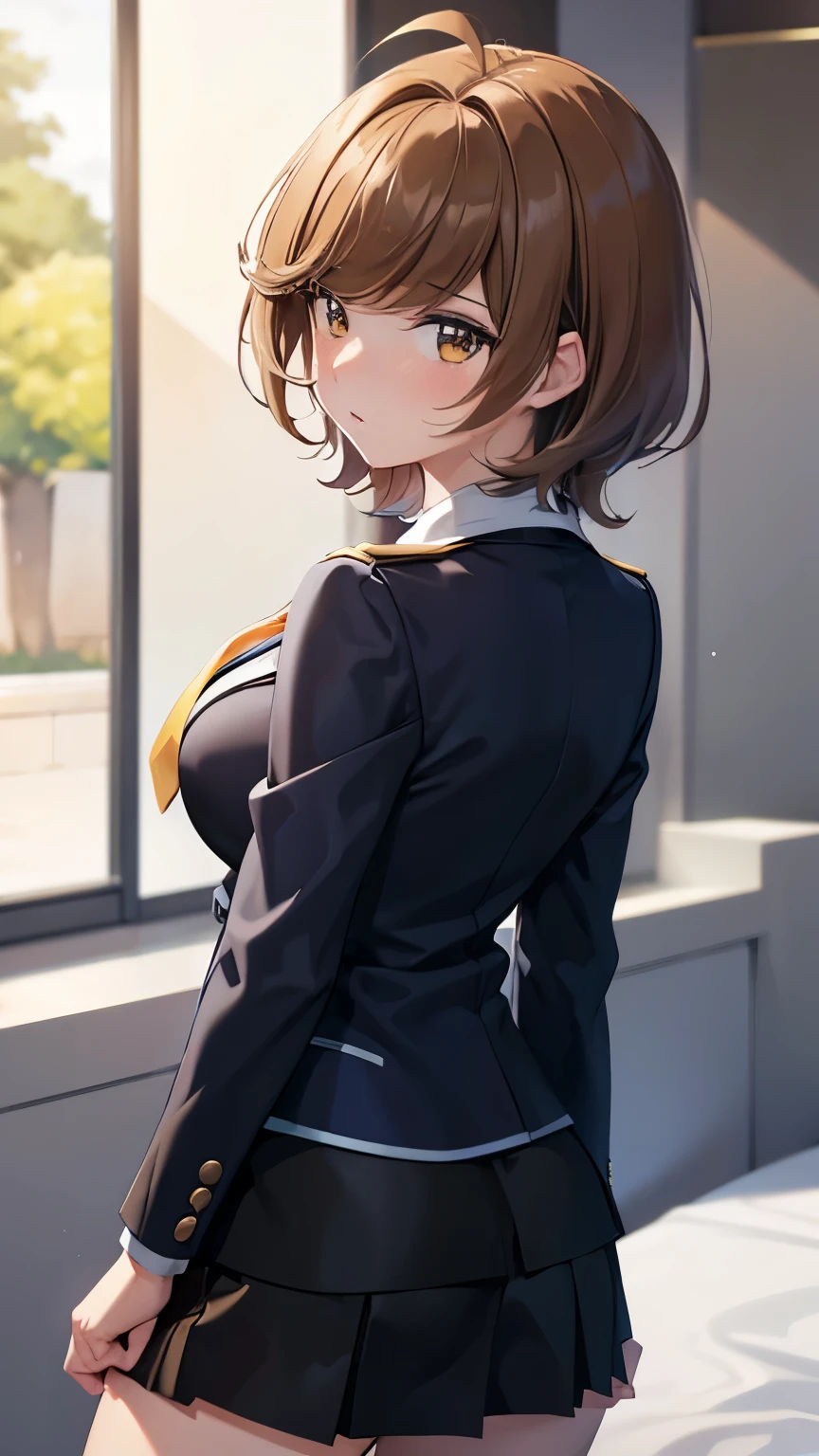 1 Female,High definition,high resolution,Ultra-realistic,8K, hmza, short hair, antenna hair, brown eyes, school uniform, blue necktie, yellow shirt,black jacket, long sleeves, black skirt,tight skirt, ((miniskirt)), large breasts,European,sexy,Upper body close-up,Photographed from the front,Dynamic Angles,(blush), (medium tits) ,(from behind)