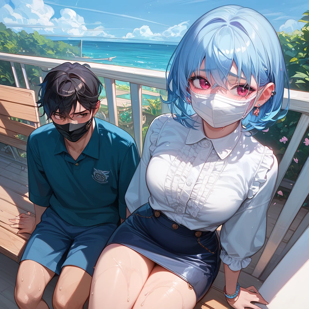  score_9,  score_8_up,  score_7_up,  score_6_up,Anime,Anime style,cam mask ,  white face mask , outside, A bustling park,People in the background々, view from above,Nervous,Panic face,  white blouse , short skirt, Knee-High Socks,  sweaty on the wallpaper, Look away