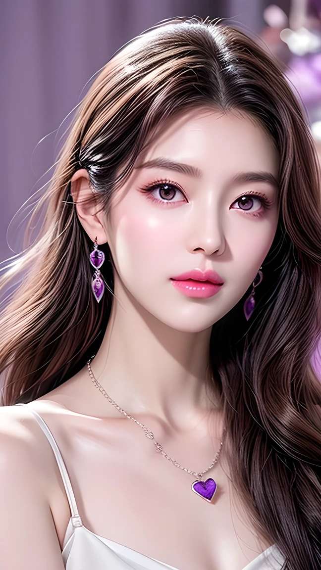 Beautiful,  White Asian Women , K-pop Aidou , Long full white wavy curls ,  Amber Eyes ,  Lavender Dress , Saggy Crescent Eyes , White eyelashes,  heart-shaped amethyst necklace and cut amethyst earrings, Small face,  Pink Careful Lips . pale.  actual 