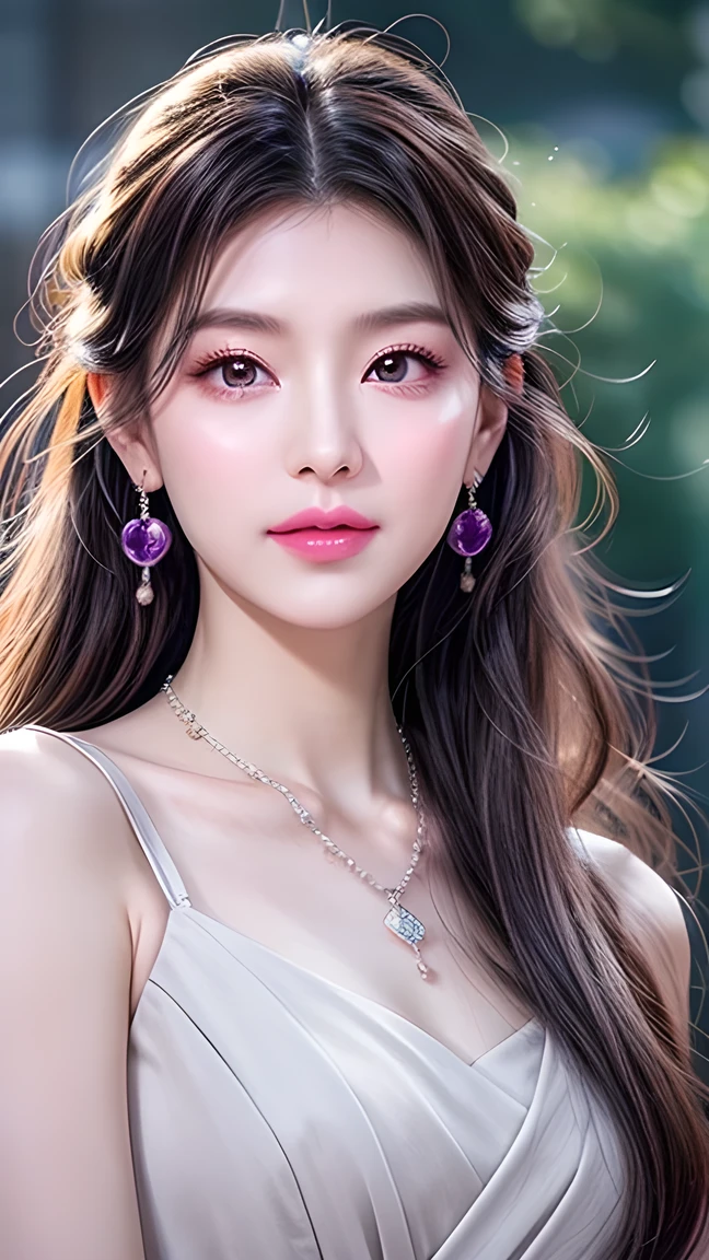 Beautiful,  White Asian Women , K-pop Aidou , Long full white wavy curls ,  Amber Eyes ,  Lavender Dress , Saggy Crescent Eyes , White eyelashes,  heart-shaped amethyst necklace and cut amethyst earrings, Small face,  Pink Careful Lips . pale.  actual 