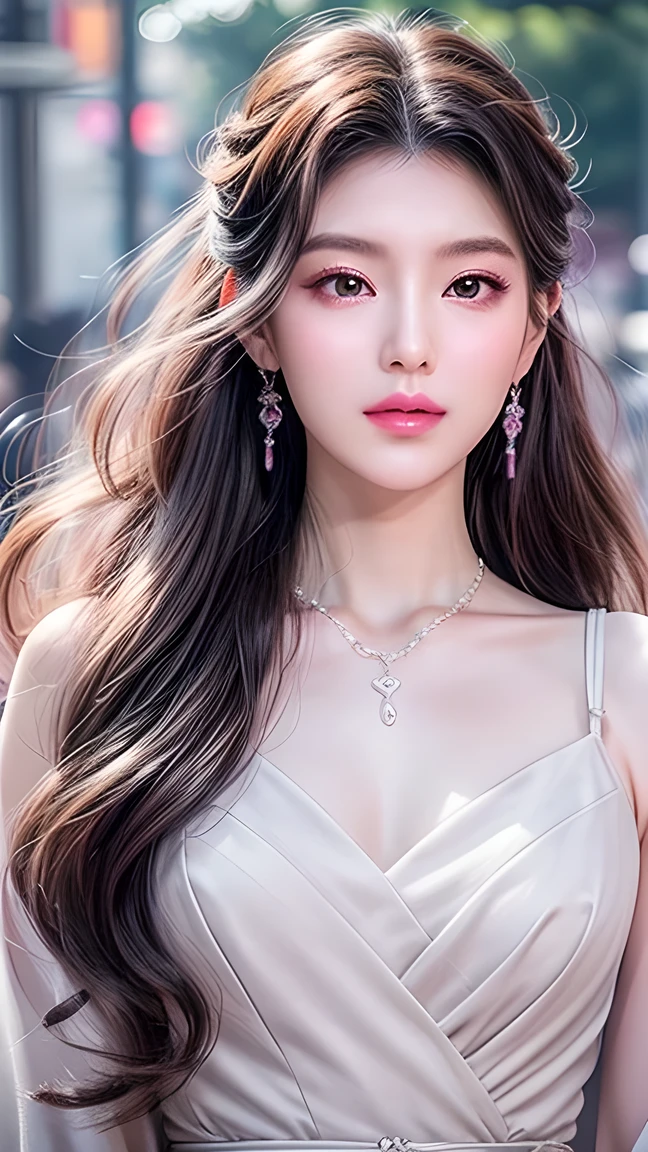 Beautiful,  White Asian Women , K-pop Aidou , Long full white wavy curls ,  Amber Eyes ,  Lavender Dress , Saggy Crescent Eyes , White eyelashes,  heart-shaped amethyst necklace and cut amethyst earrings, Small face,  Pink Careful Lips . pale.  actual 