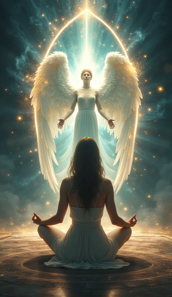 A person meditating with an archangel appearing in a magic mirror ...