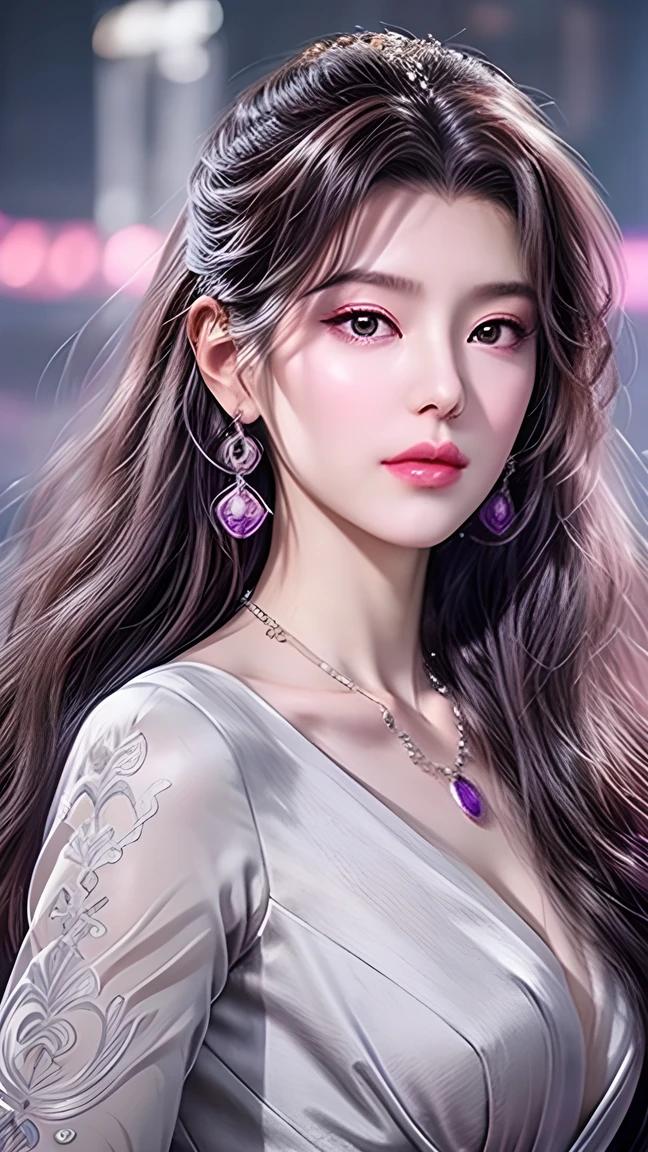 Beautiful,  White Asian Women , K-pop Aidou , Long full white wavy curls ,  Amber Eyes ,  Lavender Dress , Saggy Crescent Eyes , White eyelashes,  heart-shaped amethyst necklace and cut amethyst earrings, Small face,  Pink Careful Lips . pale.  actual 