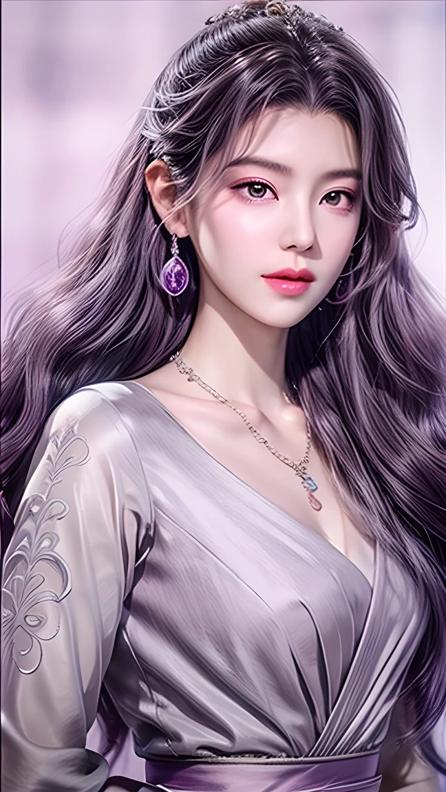 Beautiful,  White Asian Women , K-pop Aidou , Long full white wavy curls ,  Amber Eyes ,  Lavender Dress , Saggy Crescent Eyes , White eyelashes,  heart-shaped amethyst necklace and cut amethyst earrings, Small face,  Pink Careful Lips . pale.  actual 