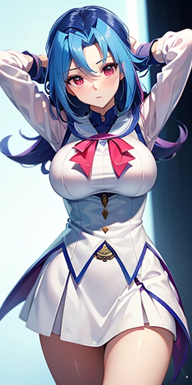 1 Female,High definition,high resolution,Ultra-realistic,8K, kr1, multicolored hair, dyed bangs, long sleeves, bow, pink dress, white vest, white skirt,tight skirt, miniskirt , large breasts,European,sexy,Upper body close-up,Photographed from the front,Dynamic Angles,(blush), (medium tits) ,(arms behind head)