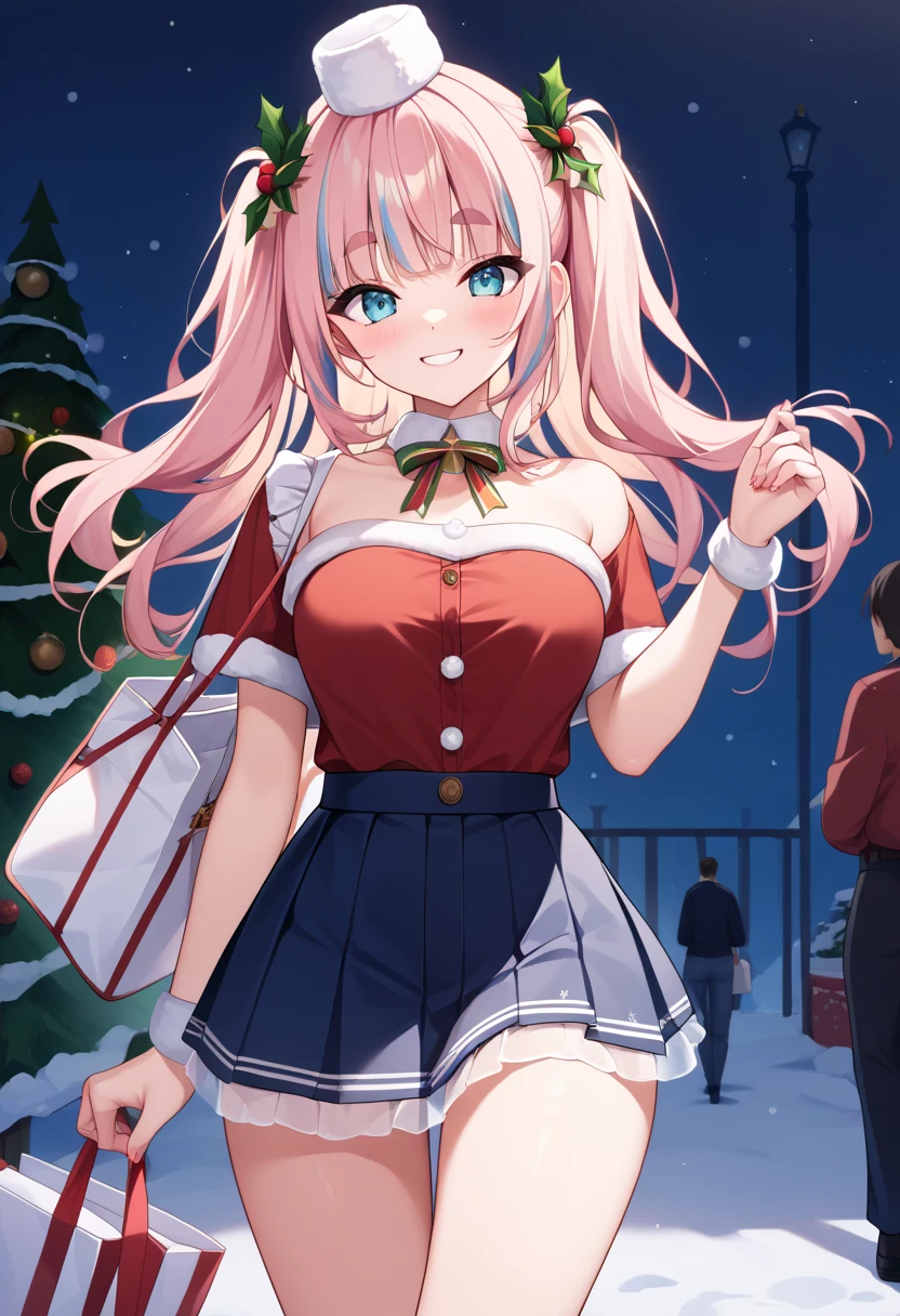 ( super high resolution,  top quality,   high-resolution icons ),  1 girl in uniform,   pulling long pink fluffy hair and pulling a sled,  thick eyebrows, smile,   Santa's clothes in a mini skirt  ,   holding a white bag  ,  （piece 1:3)