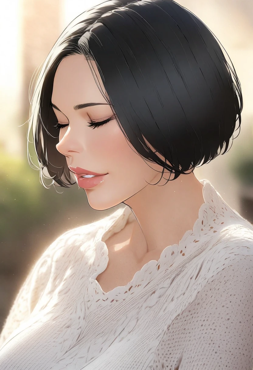 Cute woman, milf, very short hair, closed eyes, lips, black hair