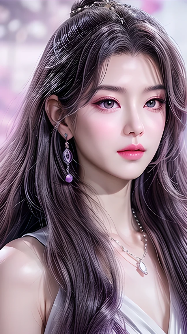 Beautiful,  White Asian Women , K-pop Aidou , Long full white wavy curls ,  Amber Eyes ,  Lavender Dress , Saggy Crescent Eyes , White eyelashes,  heart-shaped amethyst necklace and cut amethyst earrings, Small face,  Pink Careful Lips . pale.  actual 