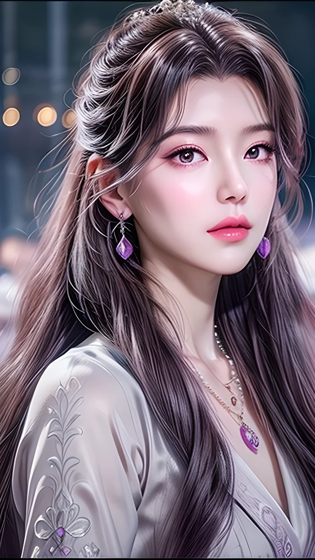 Beautiful,  White Asian Women , K-pop Aidou , Long full white wavy curls ,  Amber Eyes ,  Lavender Dress , Saggy Crescent Eyes , White eyelashes,  heart-shaped amethyst necklace and cut amethyst earrings, Small face,  Pink Careful Lips . pale.  actual 