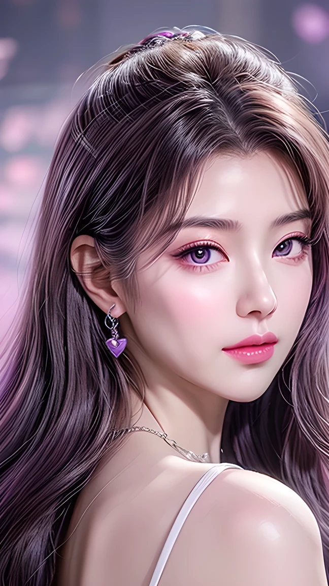 Beautiful,  White Asian Women , K-pop Aidou , Long full white wavy curls ,  Amber Eyes ,  Lavender Dress , Saggy Crescent Eyes , White eyelashes,  heart-shaped amethyst necklace and cut amethyst earrings, Small face,  Pink Careful Lips . pale.  actual 