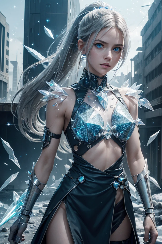 ((A half-mechanical girl with a human torso and translucent mechanical limbs)),
((Her limbs are translucent and revealing the internal electronic circuitry)), (When facing a strong enemy, a single swing of the crystal sword sends out a ton of sparkling particles), 
((The scattered crystal shards sparkle:1.45)), ((He brandished a great sword, a shining crystal sword)), 
Sleeveless jacket and frilly skirt,
Bright blue eyes:1.35,
Long ponytail hair,
Post-apocalyptic city background,
Standing on the street,
beautiful face, detailed face, 
(from front),
White highlights, Halftone, Sensual,
Highest quality, Realistic, Photo Realistic, Award-winning photography, (Intricate details), (Subtle details), (Intricate details), (Cinematic Light), Sharp focus, 
