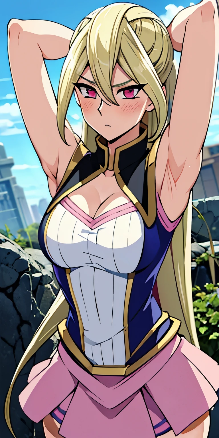 1 Female,High definition,high resolution,Ultra-realistic,8K, Gloria Tyler, blonde hair,pink eyes,serious, long hair, large breasts,sleeveless,pink skirt, (ruins),blush,tight skirt, miniskirt, large breasts,European,sexy,Upper body close-up,Photographed from the front,Dynamic Angles,(blush), (medium tits) ,(arms behind head)