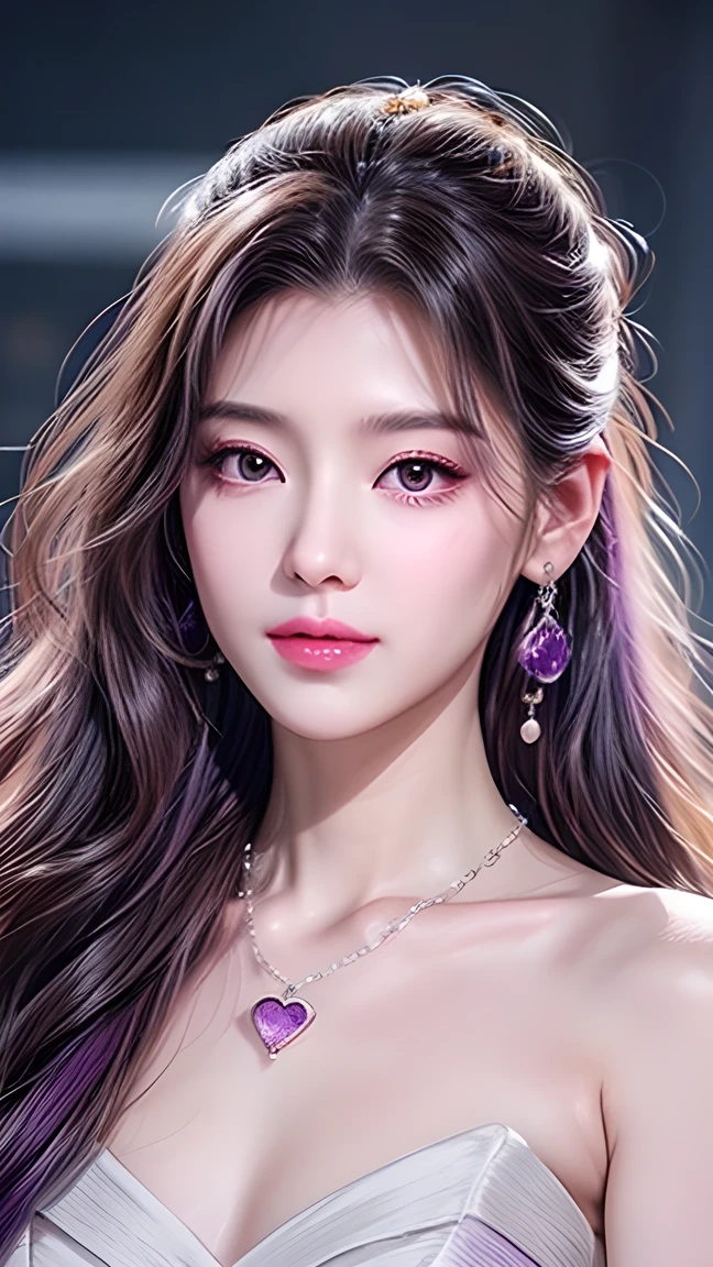 Beautiful,  White Asian Women , K-pop Aidou , Long full white wavy curls ,  Amber Eyes ,  Lavender Dress , Saggy Crescent Eyes , White eyelashes,  heart-shaped amethyst necklace and cut amethyst earrings, Small face,  Pink Careful Lips . pale.  actual 