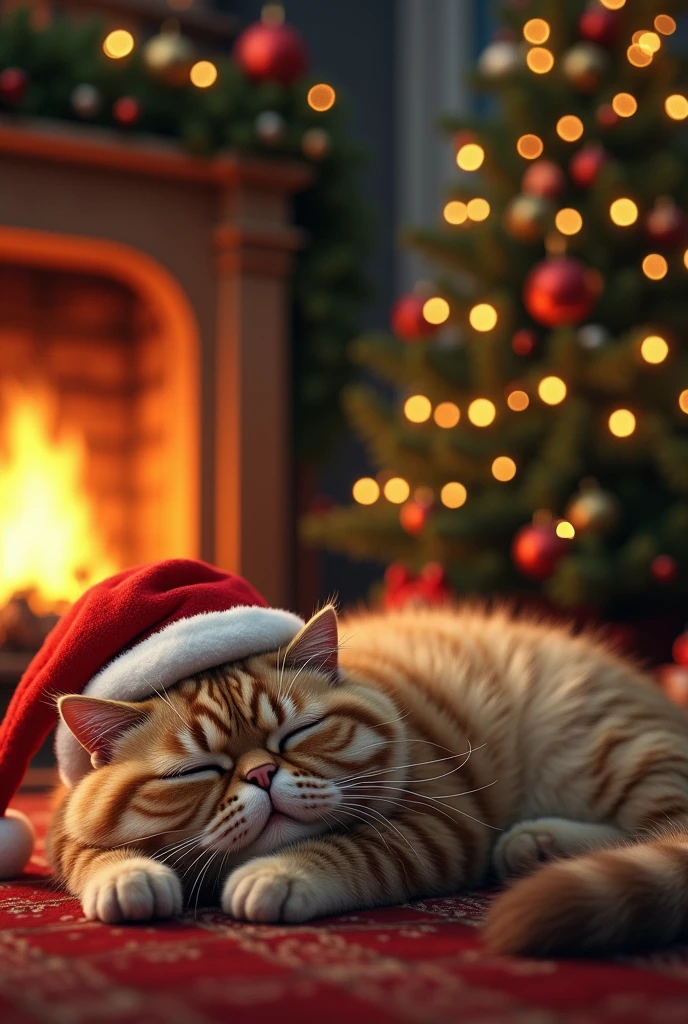 A plump cat wearing a loose Santa Claus hat is sleeping in front of a fireplace, a Christmas tree, ultra detailed, absolutely resolution, masterpiece