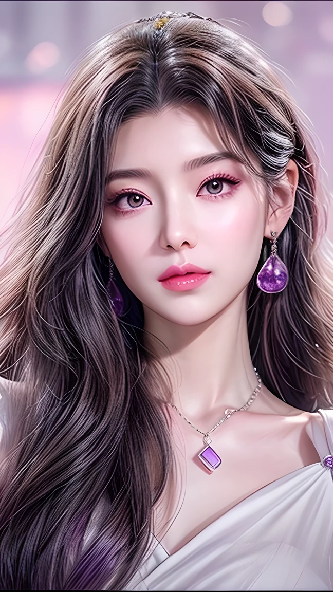 Beautiful,  White Asian Women , K-pop Aidou , Long full white wavy curls ,  Amber Eyes ,  Lavender Dress , Saggy Crescent Eyes , White eyelashes,  heart-shaped amethyst necklace and cut amethyst earrings, Small face,  Pink Careful Lips . pale.  actual 