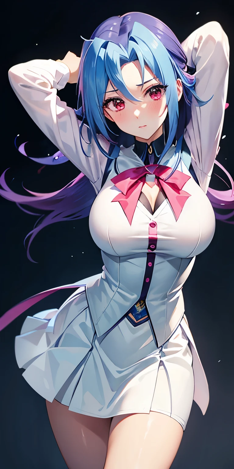 1 Female,High definition,high resolution,Ultra-realistic,8K, kr1, multicolored hair, dyed bangs, long sleeves, bow, pink dress, white vest, white skirt,tight skirt, miniskirt , large breasts,European,sexy,Upper body close-up,Photographed from the front,Dynamic Angles,(blush), (medium tits) ,(arms behind head)