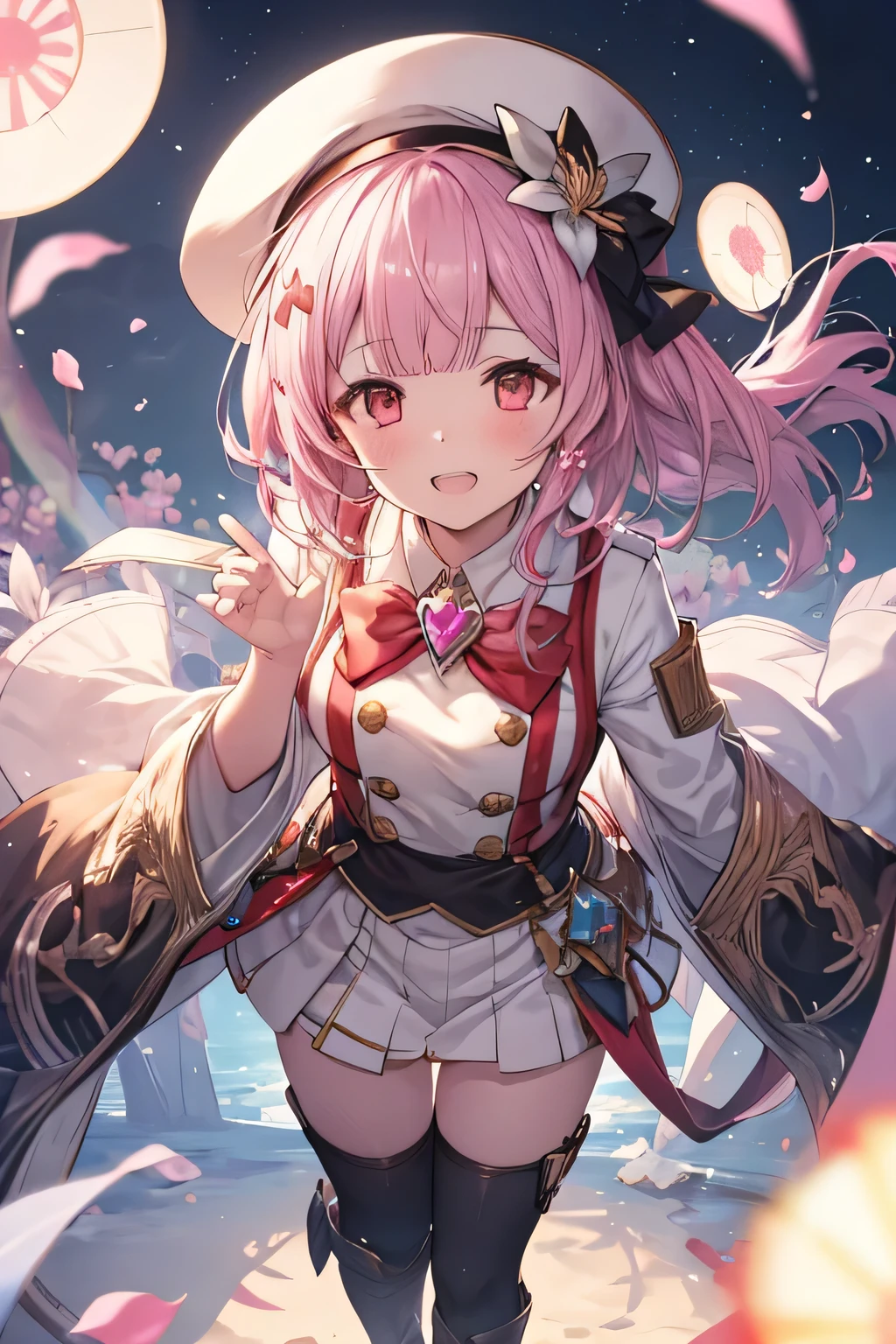 happy girl ( showing teeth), standing, combat pose,  pink hair color,  mmorpg background ,  mmorpg background (castillo, rainbow, custody, stars, Bubbles), complete anatomy,   graphic effects ,  ornament of a flower-shaped accessory on the head, aura, white beret, height 159 cm  ( 5 feet 3 inches ),  summoning circle, Castea skill Eccentric Parade(granblue fantasy), Blue Fire Force +vapor,  fire around, strong breeze ,  sakura petals and leaves, primera persona, blush,  looking at the spectator, Charm, Pausa de toque ciego  looking at the spectator,  very detailed face , 8K, light and shadow effect.  Masterpiece.