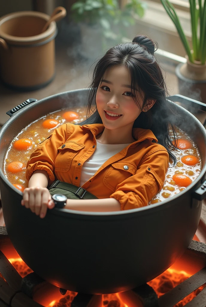 Girl being cooked in a cauldron full of soup 