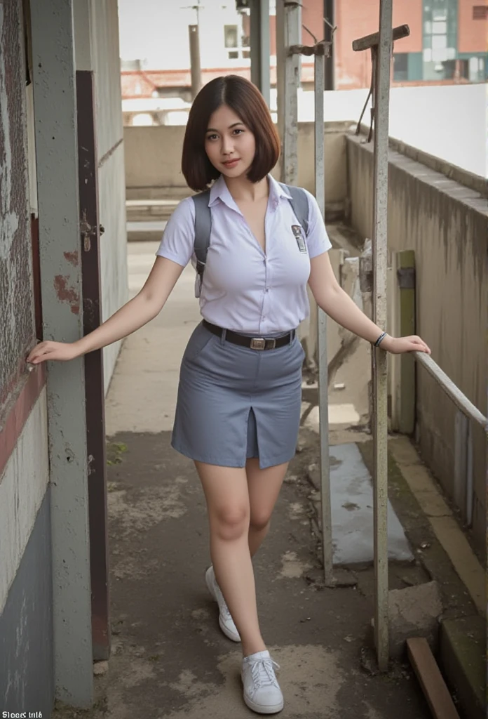 A beautiful indonesian girl, short hair with bang,walking on the staircase. At the school, look at the viewer,