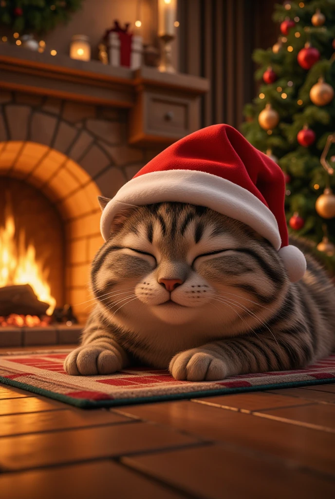 A plump cat wearing a loose Santa Claus hat is sleeping in front of a fireplace, a Christmas tree, ultra detailed, absolutely resolution, masterpiece