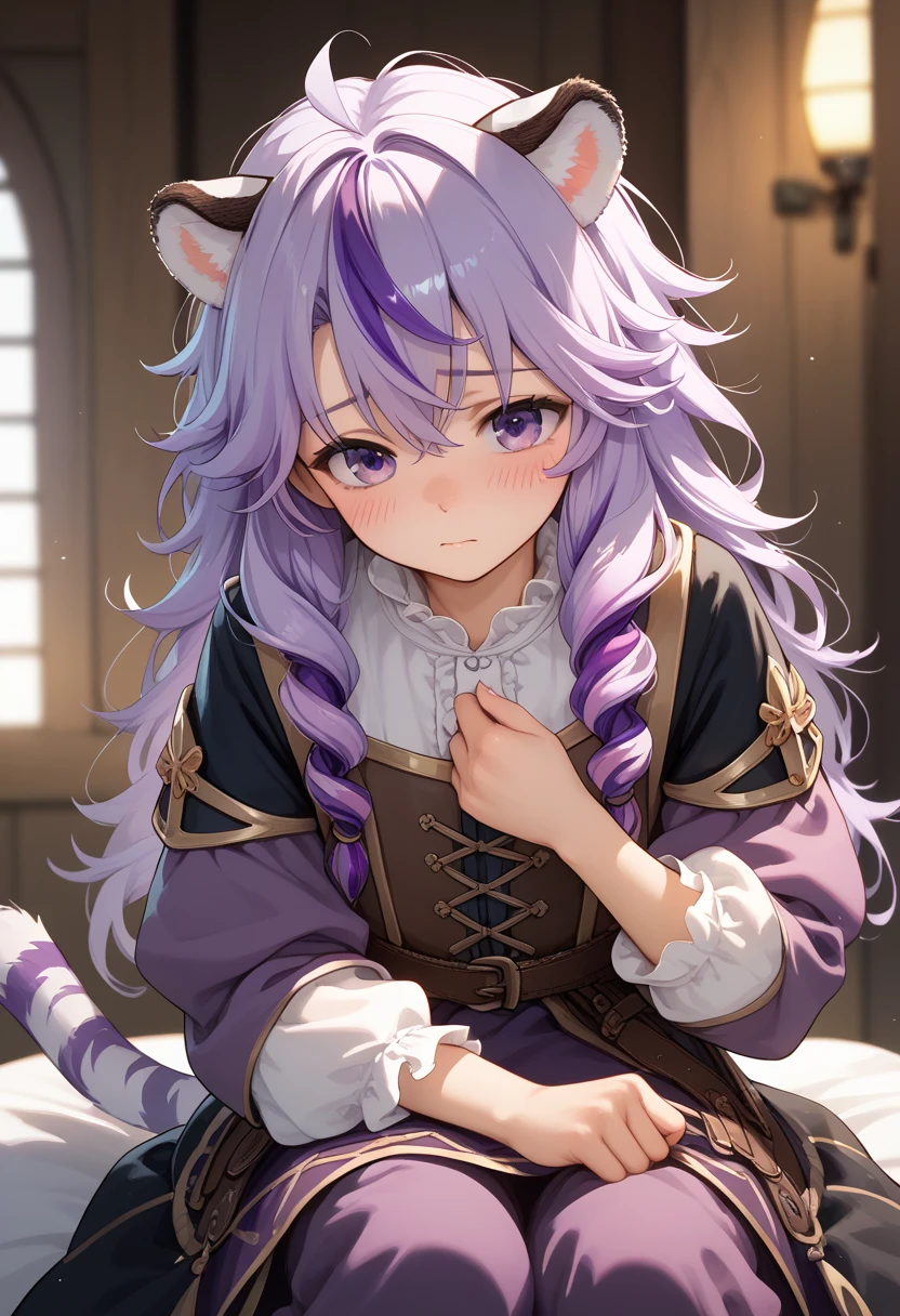 ((masterpiece)), anime lighting, 1boy, solo, long hair, purple hair, multicolored hair, purple eyes, cute, shy, blush, young, very young, white tiger ears, white tiger tail, medieval clothes, front view, messy hair, armored clothes, purple clothes, black clothes, multicolored clothes.