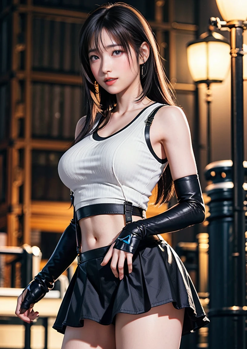 An innocent 20-year-old girl, (white sleeveless collared shirt:1.5), (Leather mini Skirt with Fishnet Stockings and Garter Set:1.5), (high heels), (Dramatic Pose),smile, (High Ponytail),natural Park、RAW Photos, (8k, highest quality, masterpiece:1.2), (Intricate details:1.4)、(Photorealistic:1.4), Octane Rendering, Complex 3D rendering with ultra-detail, Studio Soft Light, Rim Light, Vivid details, Super Detail, Realistic skin texture, Detailed aspect, Beautiful details in the eyes, Highly detailed CG Unity 16k wallpaper, compensate, (Detailed Background:1.2), Glowing Skin, whole body, ((thin legs)), small waist, Cleavage, (looking at viewer:1.2)