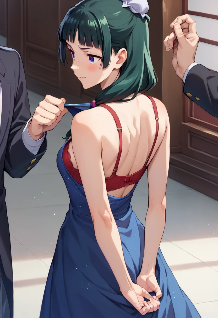 maomao, 1girl, blue eyes, freckles, sidelocks, blunt bangs, low twintails, sparkling dress, blue dress, medium breasts, blush, embarassed, looking away,
jinshi, 1boy, bun cover, long hair, purple eyes, parted bangs, black suit, facing viewer, from behind, smile, his head is over her shoulder, over shoulder,pulling her dress down to show her red bra, putting hands under her dress to show her red panties,BREAK
score_9, score_8_up, score_7_up, score_6_up, anime