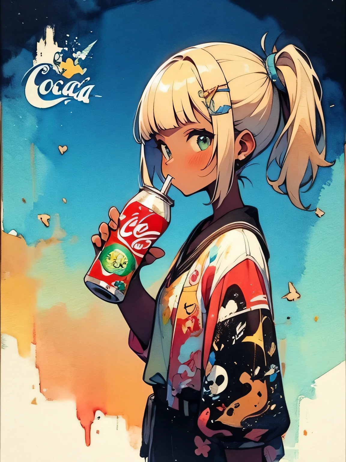 (Very detailed,Ultra-high resolution,Detailed Background),((2D)),((Flat Color)),((Calm colors)),((Floating Neon)),One Girl,alone,View your viewers, break, orange, Spray paint, graffiti, Girl in a white space suit with a helmet, Plush scarf, Full body image, Adult female, anatomically perfect face, Focus on the face, Modern Style,artistic,mobile composition,Unique Pattern,Bold Texture,colorful,Imaginative,Whimsical,Vibrant,like々Shii,Playful,Vibrant,creative,Expressive,stylish,tendency,Eating pizza、Coca-Cola Poster,Headphones,