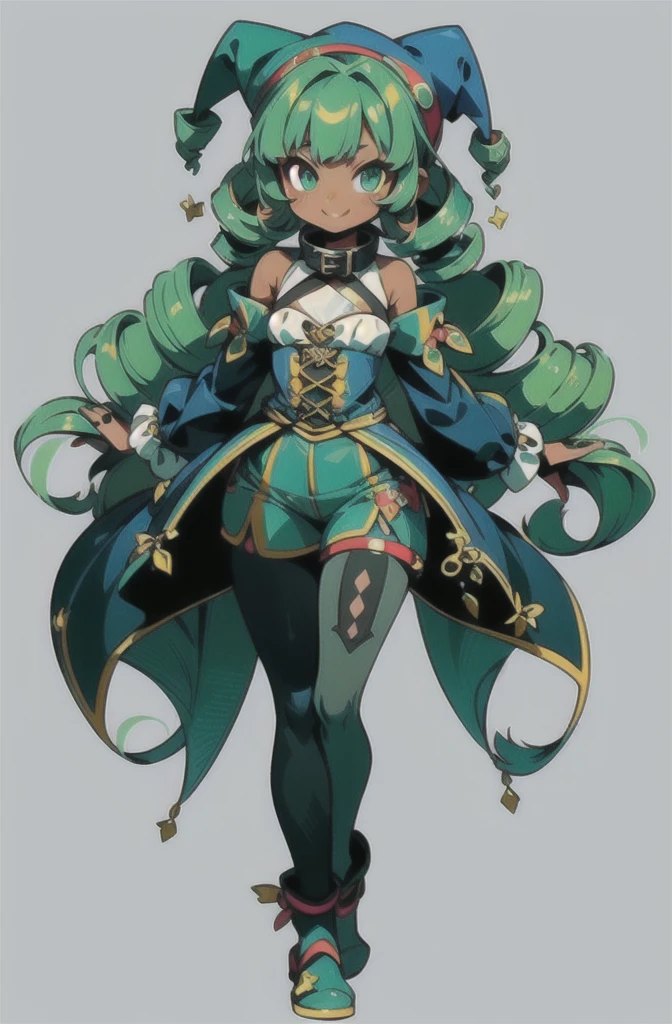 (masterpiece, ultra-detailed, high resolution, best quality:1.2), (anime, simple background, plain background, RPG character, concept art), (full body, 1girl, (loli:1.4)), ((wave drill hair:1.2), long wavy drill hair that flows down to the waist, green hair), (dark skin:1.5), (bare shoulders, her arms have long false sleeves, puffy cuffs), (halter neck, tight fitting clothes, tight fitting high waist shorts, pantyhose), (medieval Jester outfit:1.2), (jester hat:1.2), (Blue-Green outfit), (cute smile, green eyes, collar, thick thighs)