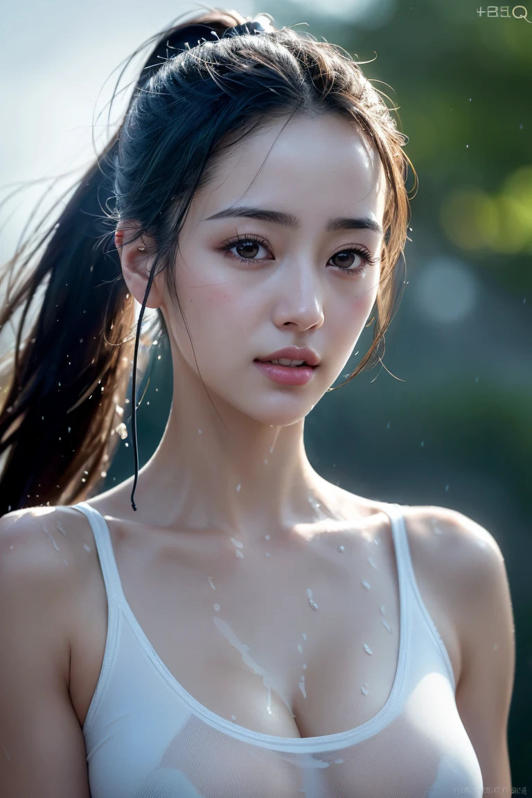 (in 8K、Raw photography、top-quality、masterpiece:1.2)、(realisitic、Photorealsitic:1.37)、1girl in、japanes、femele、((Detailed face))、Detailed lips、(A detailed eye)、((More skin))、((Wet Komono))、(Small :1.3)、(cammel toe)、perfectbody、(Wet body:1.2)、shinny skin、((dark brown hair、detailed tits:1.3))、(natural soft light、Wasteland:1.grass field)、((the morning sun))、(Highly detailed facial and skin texture)、((Ponytail))、(bangss)、(splash water)、((under the rain))、(length hair)、((Upward perspective))、crystal-clear water、