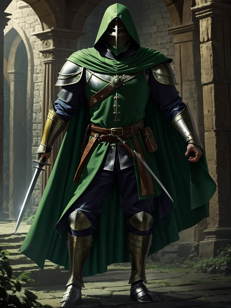  medieval knight, fancy,  full armor, long sword, Short green cape .