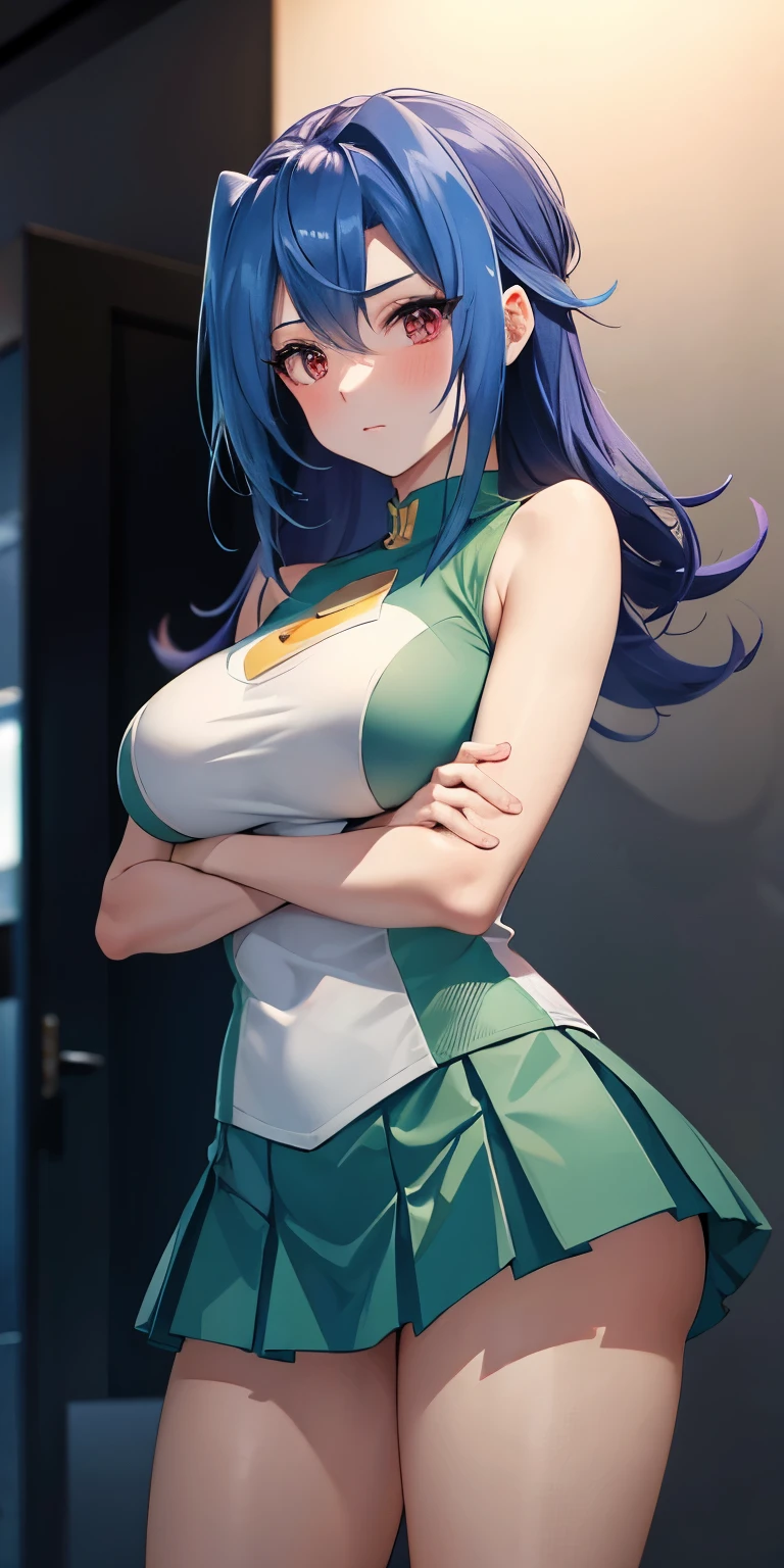 1 Female,High definition,high resolution,Ultra-realistic,8K, kr1, multicolored hair, dyed bangs, white shirt, sleeveless,  green skirt, tight skirt, miniskirt, pleated skirt, large breasts,European,sexy,Upper body close-up,Photographed from the front,Dynamic Angles,(blush), (medium tits) ,(crossed arms)