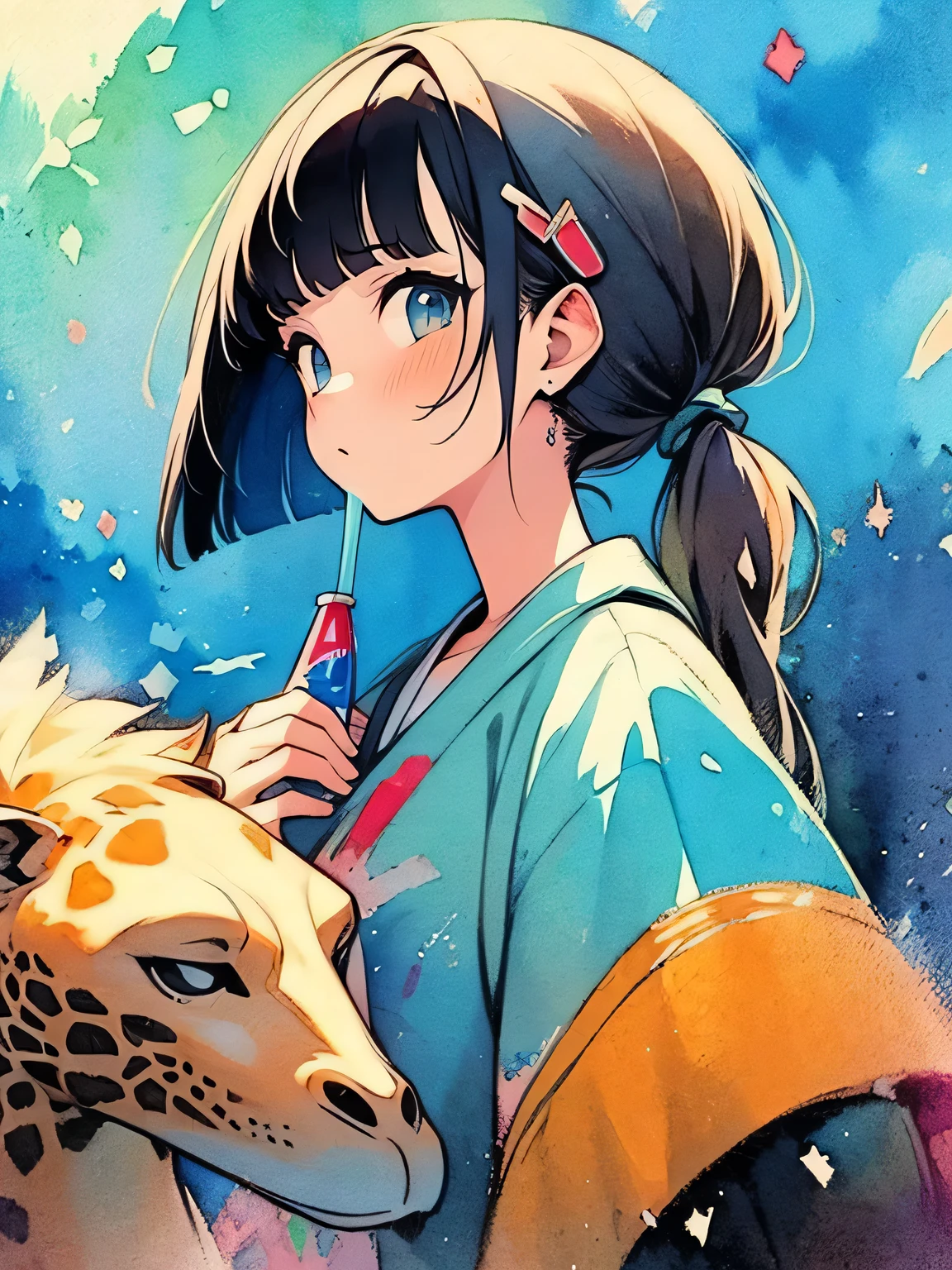 sideview,(looking at viewer),solo,upperbody,white ponytail,blunt bangs,(dark skin),Beside the giraffe, a girl drinking (have a pepsi cola can), the savannah, the blue sky, like a painting、like a painting, watercolor painting style, The Art of Mathematics, Official Art, Masterpiece, beautiful, ((watercolor)), paint splashes , complex details. very detailed, [Drooping:0.7],,like a painting, watercolor painting style, The Art of Mathematics, Official Art, Masterpiece, beautiful, ((watercolor)), paint splashes , complex details. very detailed, [Drooping:0.7],