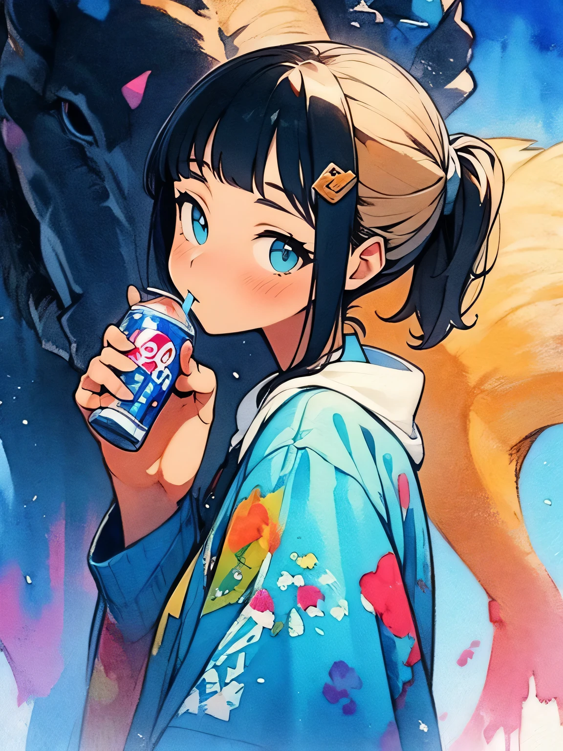 sideview,(looking at viewer),solo,upperbody,white ponytail,blunt bangs,(dark skin),Beside the giraffe, a girl drinking (have a pepsi cola can), the savannah, the blue sky, like a painting、like a painting, watercolor painting style, The Art of Mathematics, Official Art, Masterpiece, beautiful, ((watercolor)), paint splashes , complex details. very detailed, [Drooping:0.7],,like a painting, watercolor painting style, The Art of Mathematics, Official Art, Masterpiece, beautiful, ((watercolor)), paint splashes , complex details. very detailed, [Drooping:0.7],