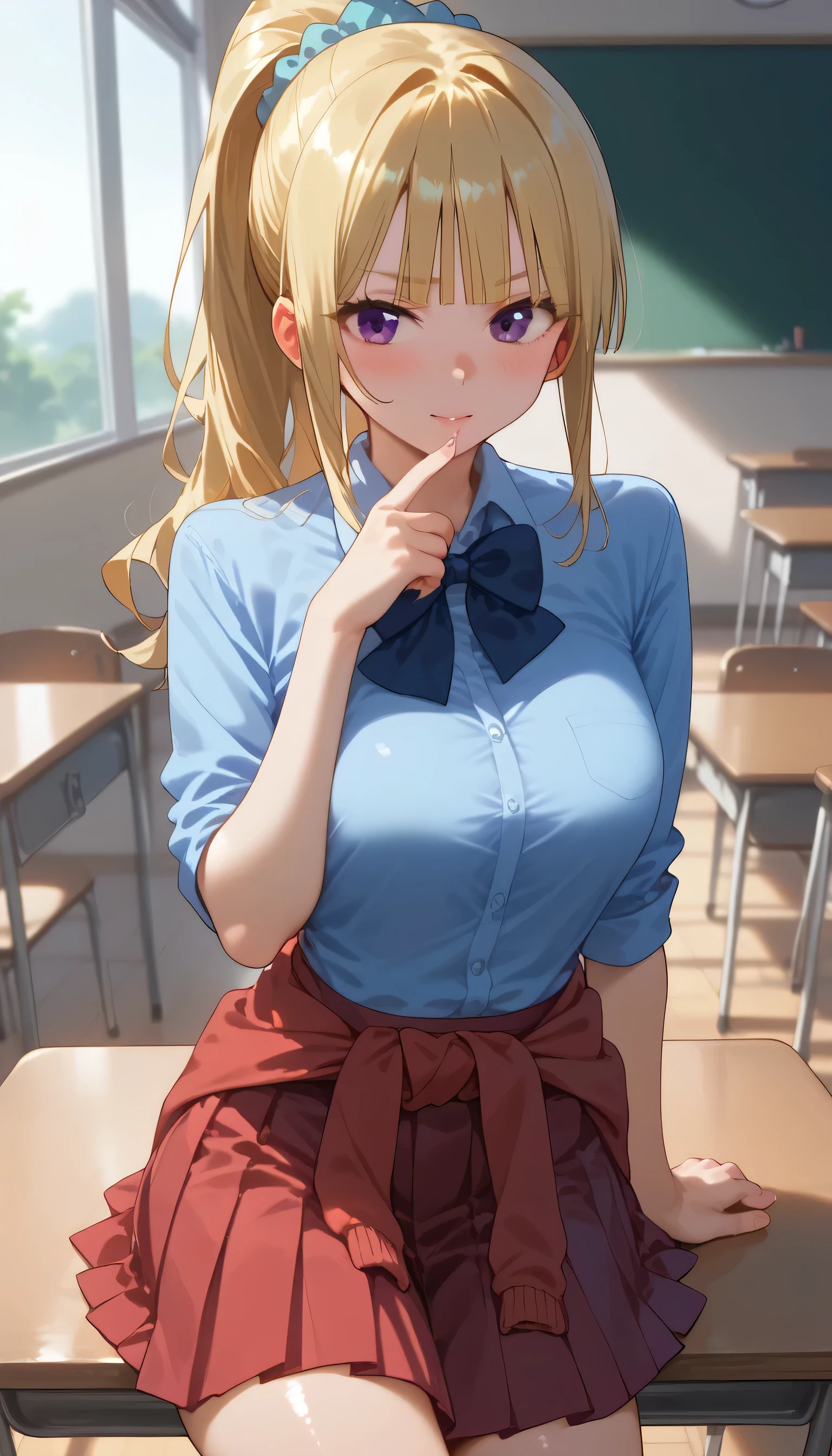 score_9,score_8_up,score_7_up, shiny skin, 1girl, KeiKaruizawa, Kei Karuizawa, bangs, blunt bangs, ponytail hair, violet eyes, blonde hair, blue scrunchie, light blue shirt, collared shirt, bowtie, clothes around waist, pleated skirt, red skirt, classroom, sit, siting, chair, window, table class, hands on table, blush, blushing