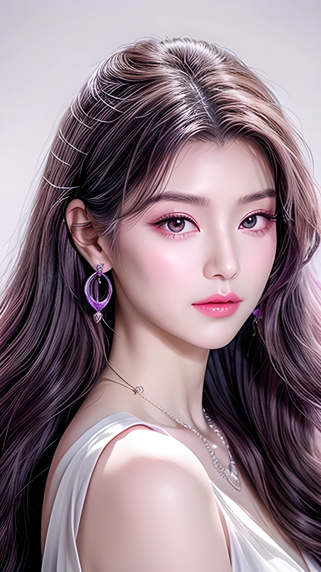 Beautiful,  White Asian Women , K-pop Aidou , Long full white wavy curls ,  Amber Eyes ,  Lavender Dress , Saggy Crescent Eyes , White eyelashes,  heart-shaped amethyst necklace and cut amethyst earrings, Small face,  Pink Careful Lips . pale.  actual  