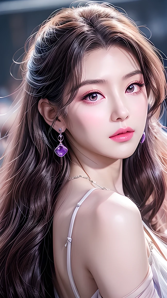 Beautiful,  White Asian Women , K-pop Aidou , Long full white wavy curls ,  Amber Eyes ,  Lavender Dress , Saggy Crescent Eyes , White eyelashes,  heart-shaped amethyst necklace and cut amethyst earrings, Small face,  Pink Careful Lips . pale.  actual  