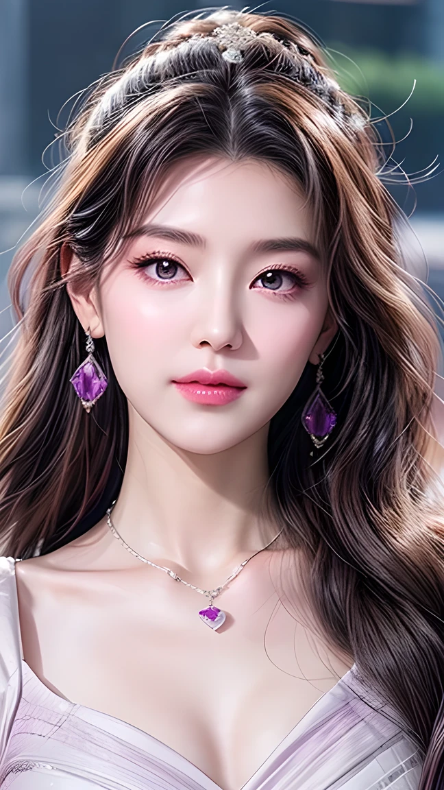 Beautiful,  White Asian Women , K-pop Aidou , Long full white wavy curls ,  Amber Eyes ,  Lavender Dress , Saggy Crescent Eyes , White eyelashes,  heart-shaped amethyst necklace and cut amethyst earrings, Small face,  Pink Careful Lips . pale.  actual  