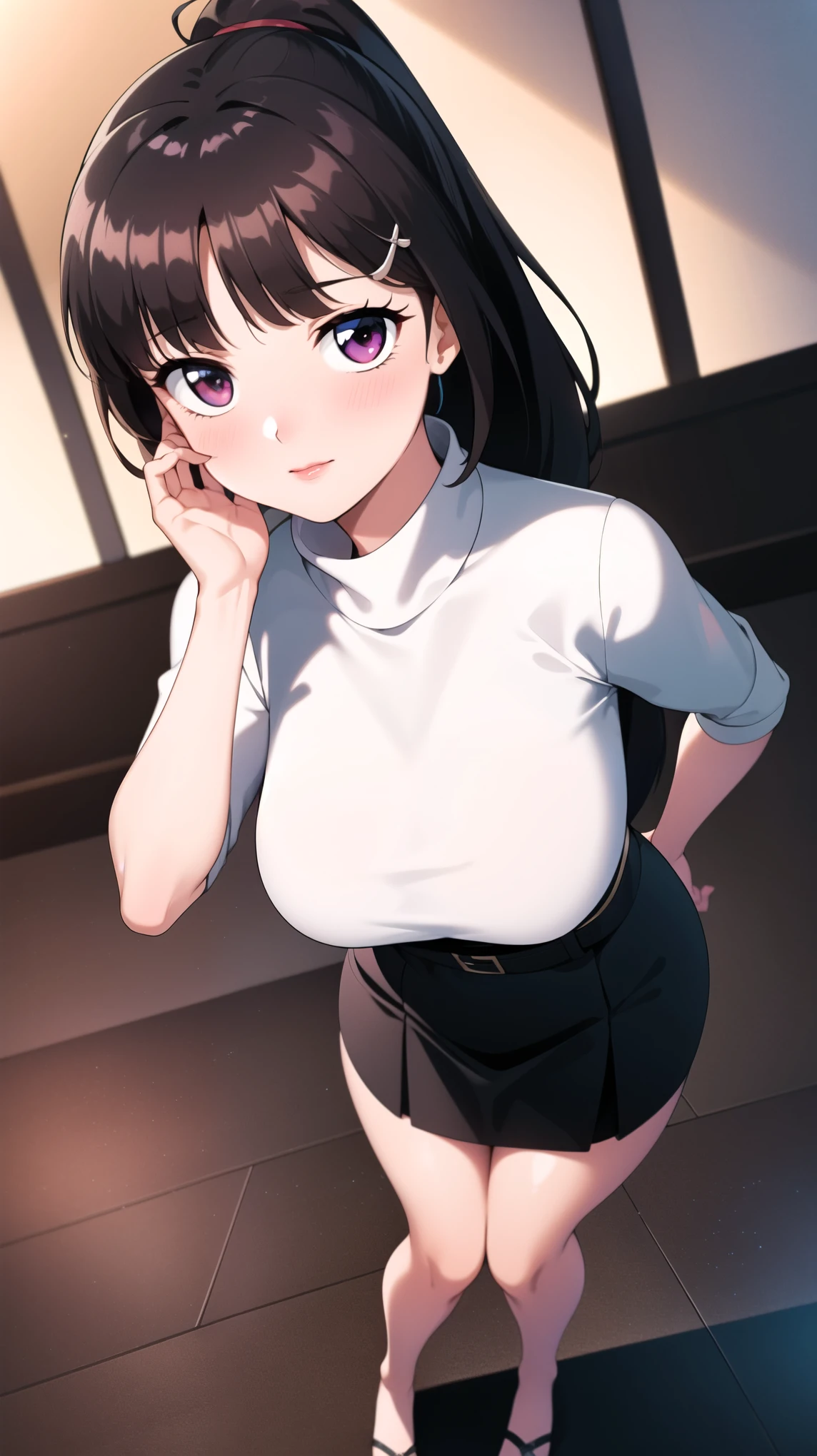 lady in love, unsure, diffident, timid, shy, coy, full body, portrait, full moon background, luxury restaurant, white mono turtleneck sweater vest, long black tight skirt, hair clip, hair ornament, red eyes:1.5, red pupils:2.0, red lips:1.2, straight cut bangs, brunette hair, black hair, long hair, ponytail, bottom ponytail, 1 girl, 18yo, young female, cute girl, blush:1.5, slim body, curvy body, beautiful finger, Beautiful long legs, Beautiful body, Beautiful Nose, Beautiful character design, perfect eyes, perfect face, expressive eyes, perfect balance, looking at viewer,(Focus on her face),closed mouth, (innocent big eyes:1.0),(Light Smile:0.3),official art, extremely detailed CG unity 8k wallpaper, perfect lighting, Colorful, Bright Front face Lighting, White skin,(masterpiece:1.0),(best quality:1.0), ultra high res,4K,ultra-detailed,photography, 8K, HDR, high-res, absurdres:1.2, Kodak portra 400, film grain, blurry background, bokeh:1.2, lens flare, (vibrant color:1.2),professional photograph,(Beautiful, natural big breasts:1.0), (beautiful face:1.5),(narrow waist),