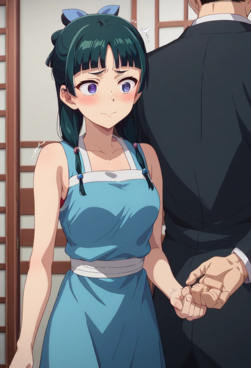 maomao, 1girl, blue eyes, freckles, sidelocks, blunt bangs, low twintails, sparkling dress, blue dress, medium breasts, blush, embarassed, looking away,
jinshi, 1boy, bun cover, long hair, purple eyes, parted bangs, black suit, facing viewer, from behind, smile, putting hands under her dress to show her red panties,BREAK
score_9, score_8_up, score_7_up, score_6_up, anime