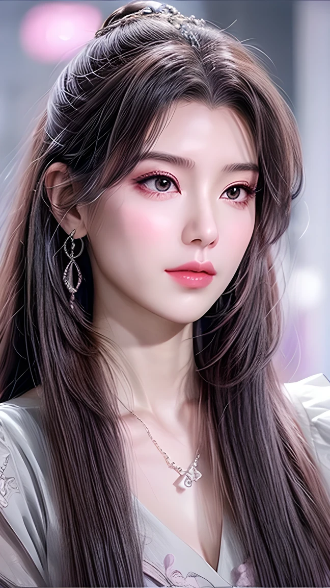 Beautiful,  White Asian Women , K-pop Aidou , Long full white wavy curls ,  Amber Eyes ,  Lavender Dress , Saggy Crescent Eyes , White eyelashes,  heart-shaped amethyst necklace and cut amethyst earrings, Small face,  Pink Careful Lips . pale.  actual  