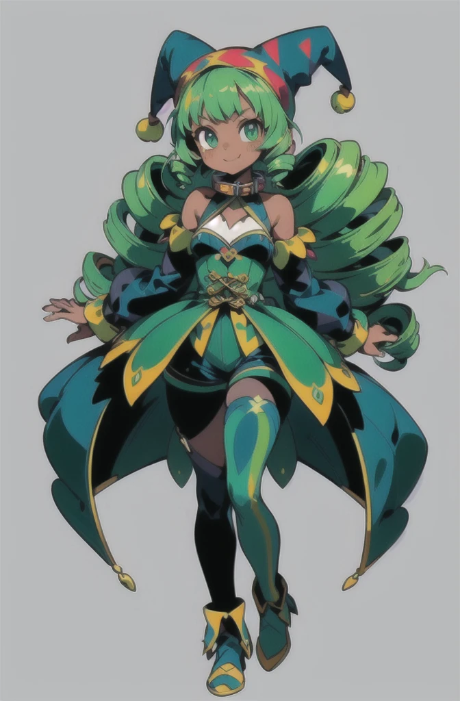 (masterpiece, ultra-detailed, high resolution, best quality:1.2), (anime, simple background, plain background, RPG character, concept art), (full body, 1girl, (loli:1.4)), ((wave drill hair:1.2), long wavy drill hair that flows down to the waist, green hair), (dark skin:1.5), (bare shoulders, her arms have long false sleeves, puffy cuffs), (halter neck, tight fitting clothes, tight fitting high waist shorts, pantyhose), (medieval Jester outfit:1.2), (jester hat:1.2), (Blue-Green outfit), (cute smile, green eyes, collar, thick thighs)