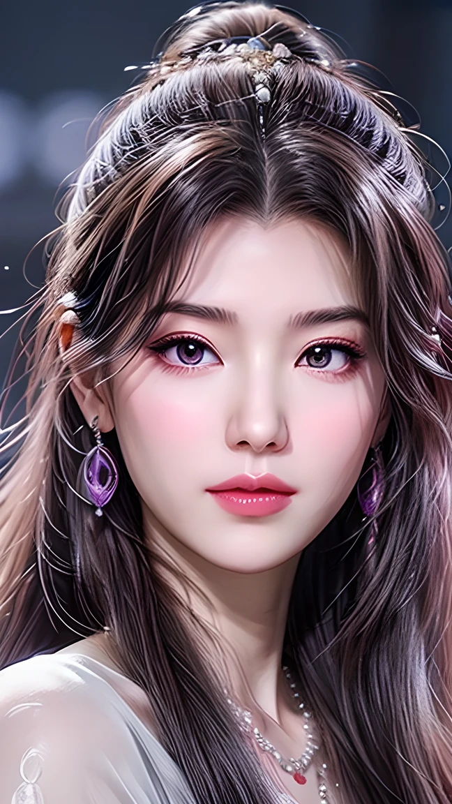 Beautiful,  White Asian Women , K-pop Aidou , Long full white wavy curls ,  Amber Eyes ,  Lavender Dress , Saggy Crescent Eyes , White eyelashes,  heart-shaped amethyst necklace and cut amethyst earrings, Small face,  Pink Careful Lips . pale.  actual  