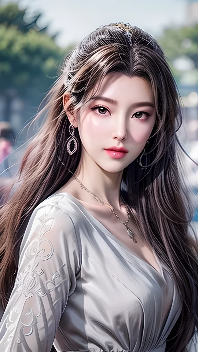 Beautiful,  White Asian Women , K-pop Aidou , Long full white wavy curls ,  Amber Eyes ,  Lavender Dress , Saggy Crescent Eyes , White eyelashes,  heart-shaped amethyst necklace and cut amethyst earrings, Small face,  Pink Careful Lips . pale.  actual  