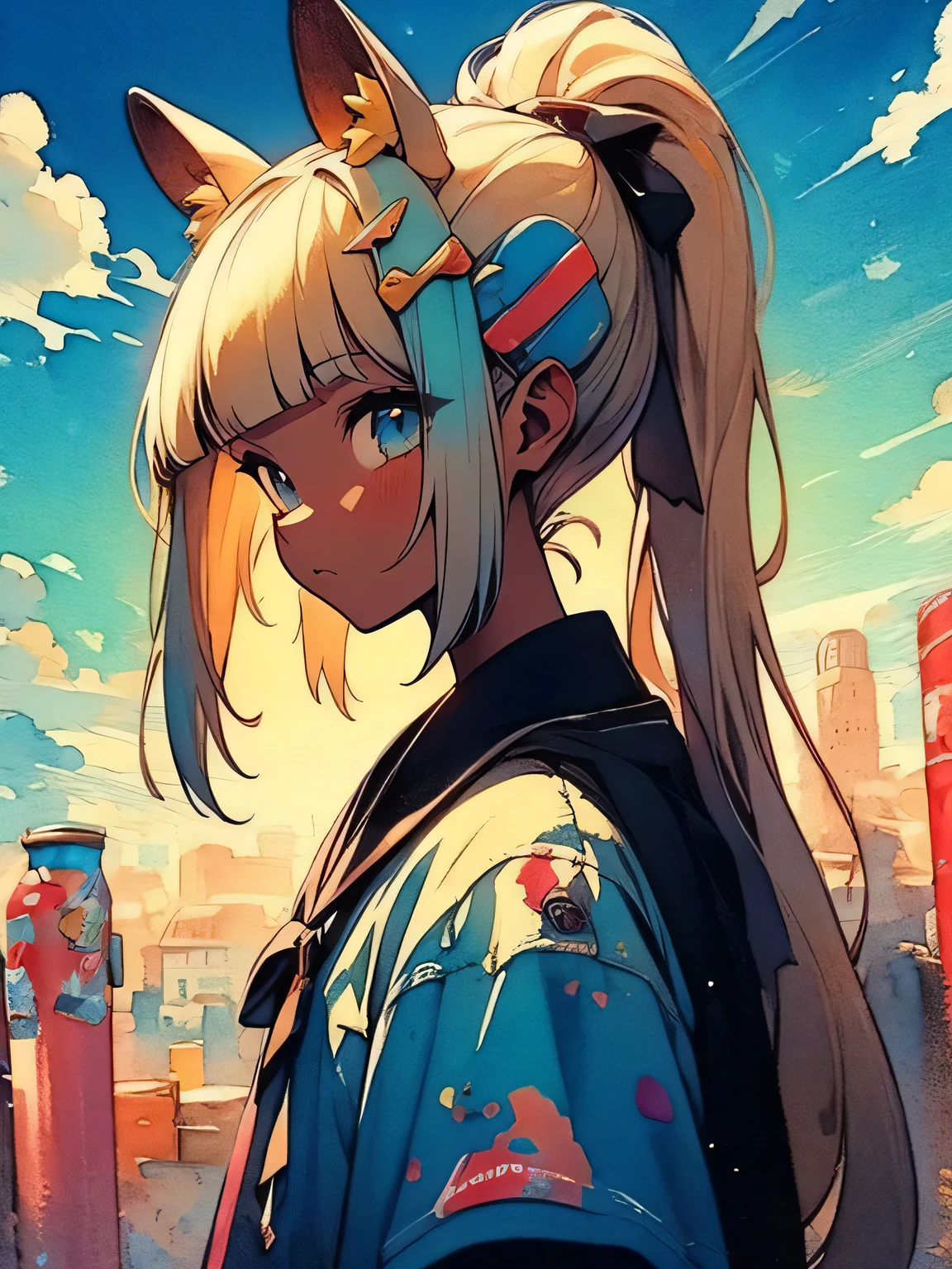 sideview,(looking at viewer),solo,upperbody,white ponytail,blunt bangs,(dark skin),giraffe headgear, have a (pepsi cola can), the savannah, the blue sky, like a painting、like a painting, watercolor painting style, The Art of Mathematics, Official Art, Masterpiece, beautiful, ((watercolor)), paint splashes , complex details. very detailed, [Drooping:0.7],,like a painting, watercolor painting style, The Art of Mathematics, Official Art, Masterpiece, beautiful, ((watercolor)), paint splashes , complex details. very detailed, [Drooping:0.7],